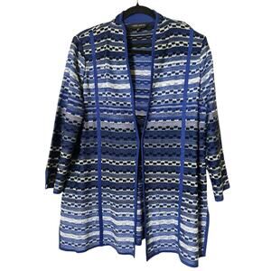 Ming Wang Cardigan Striped Relaxed Fit 3/4 Sleeve Knit Sweater Blue Women's L